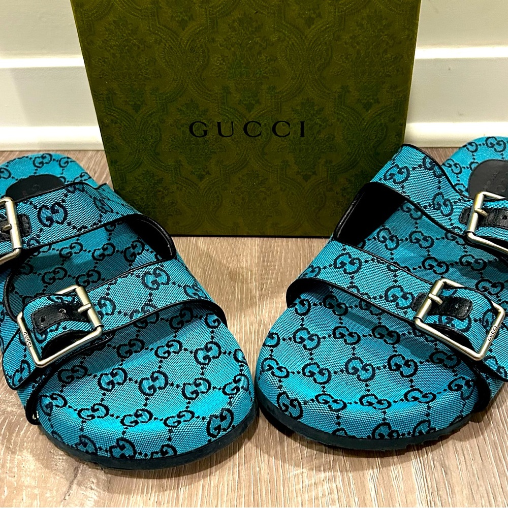 Gucci GG blue Canvas Birkenstock Slides